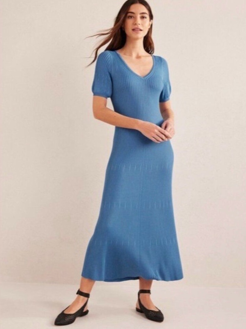 Boden Blue Ribbed V-Neck Maxi Dress with Puff Sleeves